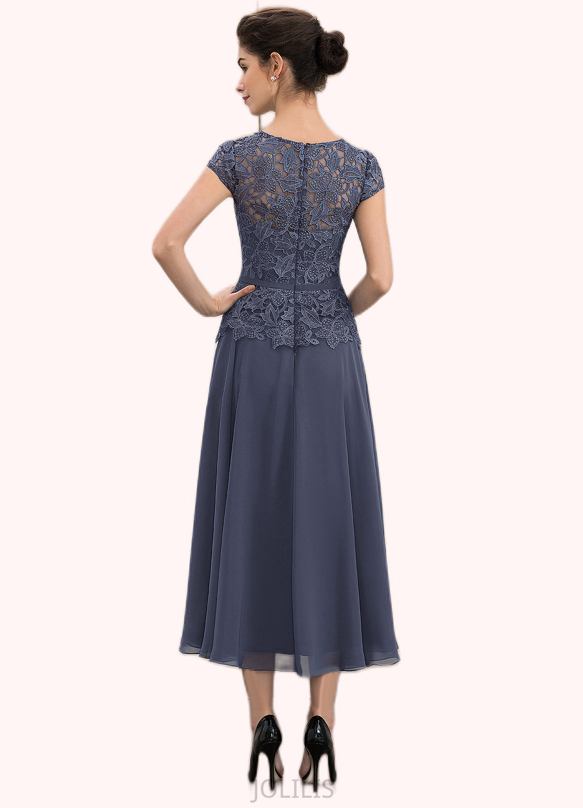 Gemma A-Line Scoop Neck Tea-Length Chiffon Lace Mother of the Bride Dress HI126P0014627