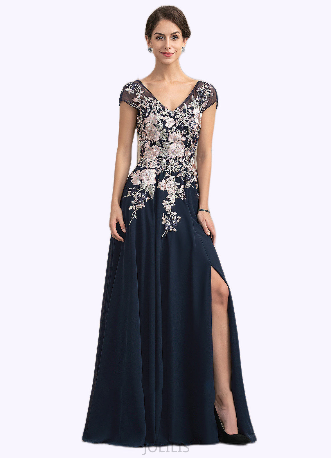 Brooke A-Line V-neck Floor-Length Chiffon Lace Mother of the Bride Dress With Split Front HI126P0014649