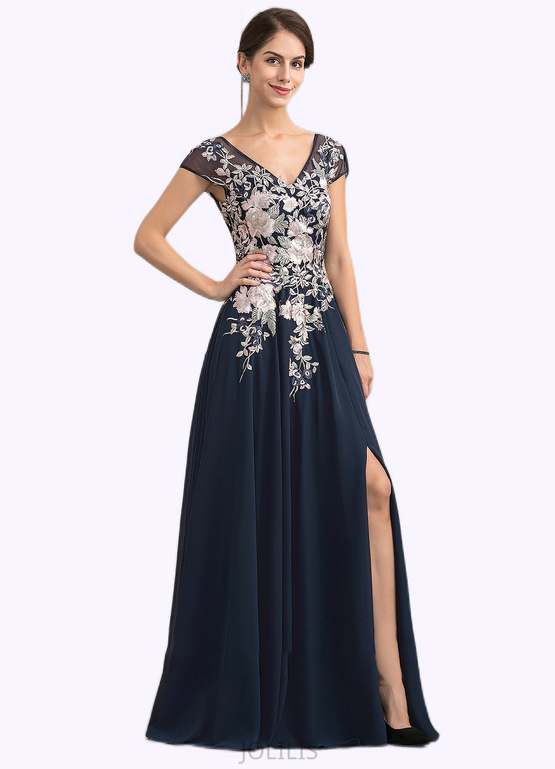 Brooke A-Line V-neck Floor-Length Chiffon Lace Mother of the Bride Dress With Split Front HI126P0014649