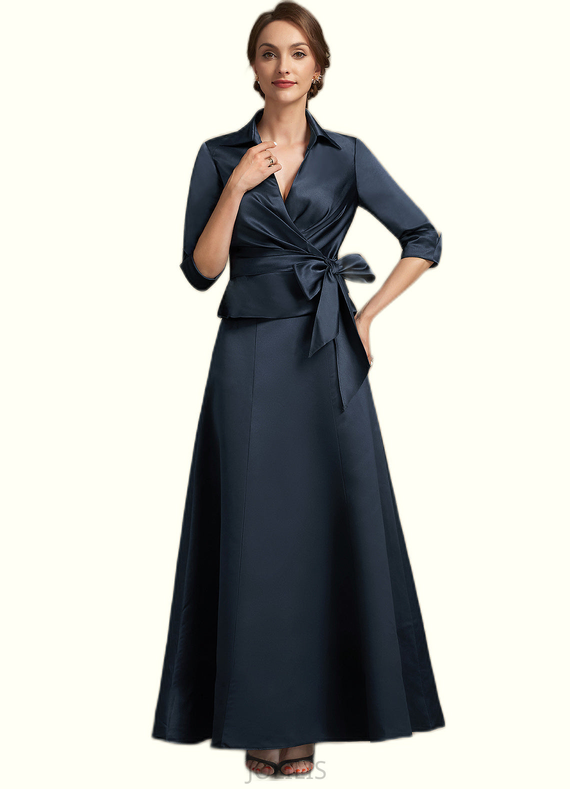 Melinda A-Line V-neck Ankle-Length Satin Mother of the Bride Dress With Bow(s) HI126P0014683