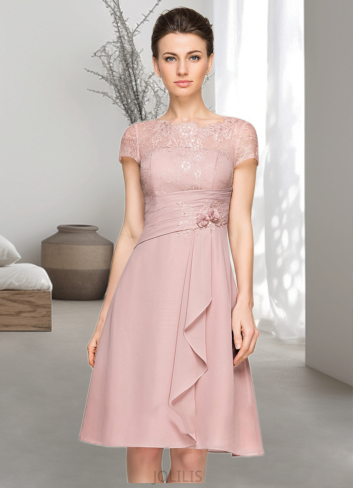 Josephine A-Line Scoop Neck Knee-Length Chiffon Lace Mother of the Bride Dress With Beading Flower(s) Sequins Cascading Ruffles HI126P0014704