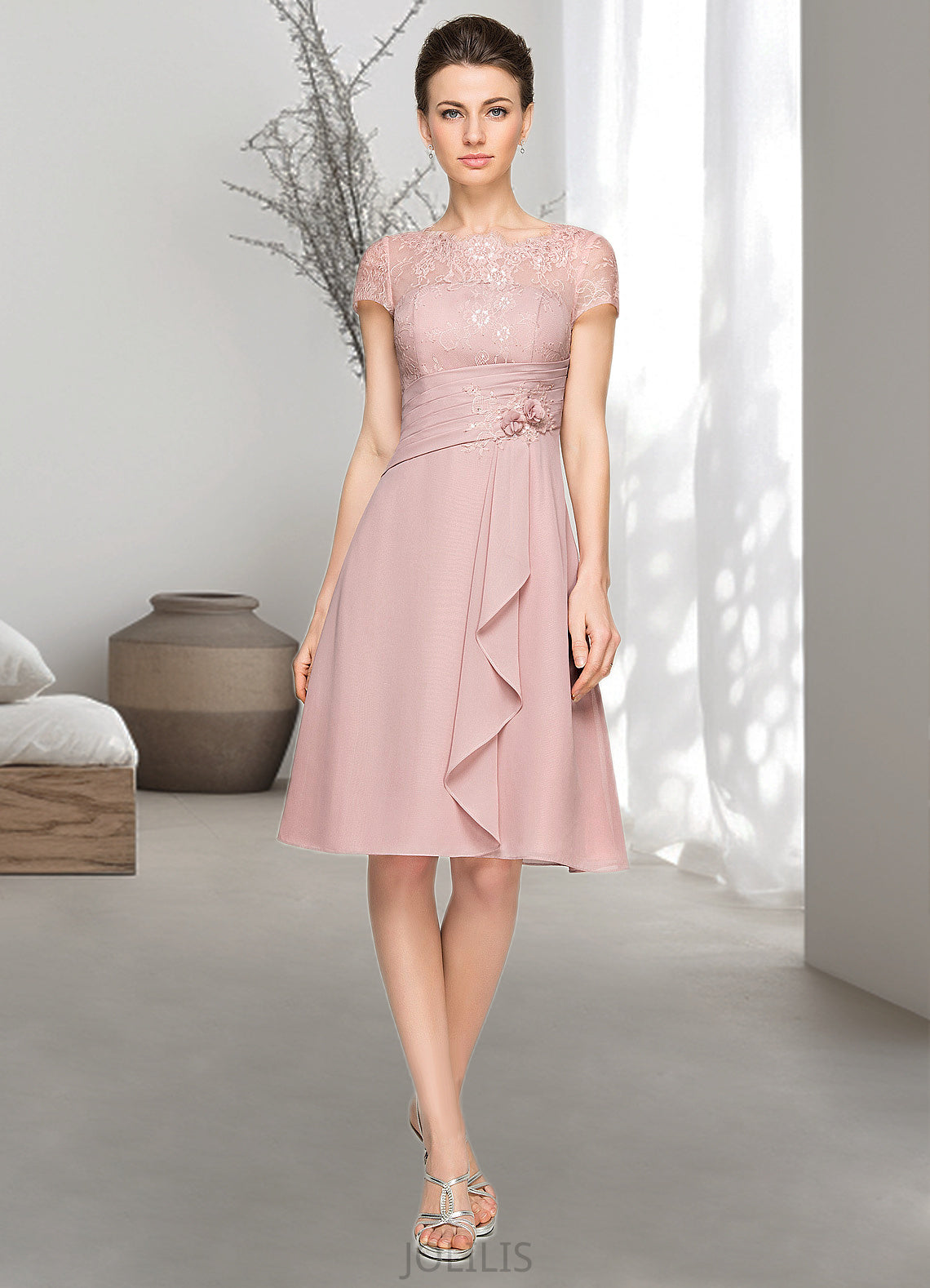 Josephine A-Line Scoop Neck Knee-Length Chiffon Lace Mother of the Bride Dress With Beading Flower(s) Sequins Cascading Ruffles HI126P0014704