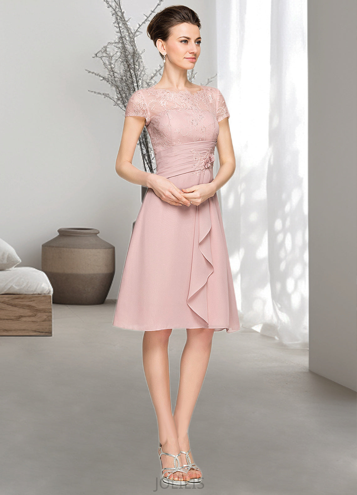 Josephine A-Line Scoop Neck Knee-Length Chiffon Lace Mother of the Bride Dress With Beading Flower(s) Sequins Cascading Ruffles HI126P0014704