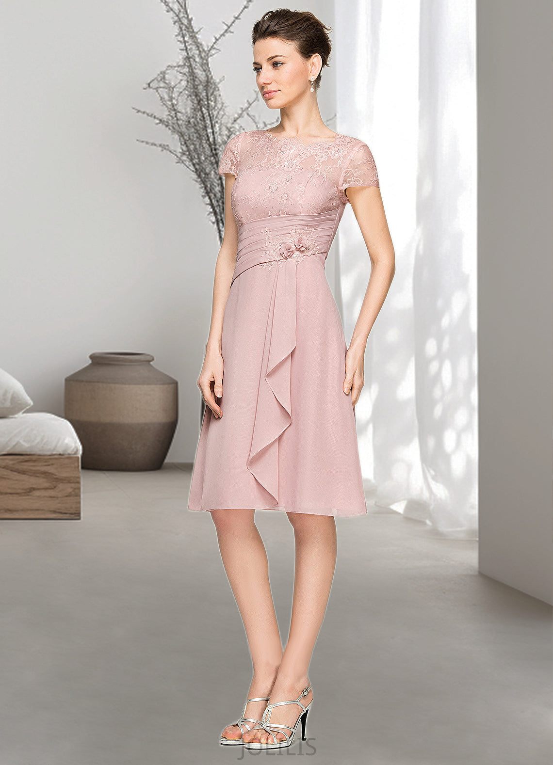 Josephine A-Line Scoop Neck Knee-Length Chiffon Lace Mother of the Bride Dress With Beading Flower(s) Sequins Cascading Ruffles HI126P0014704