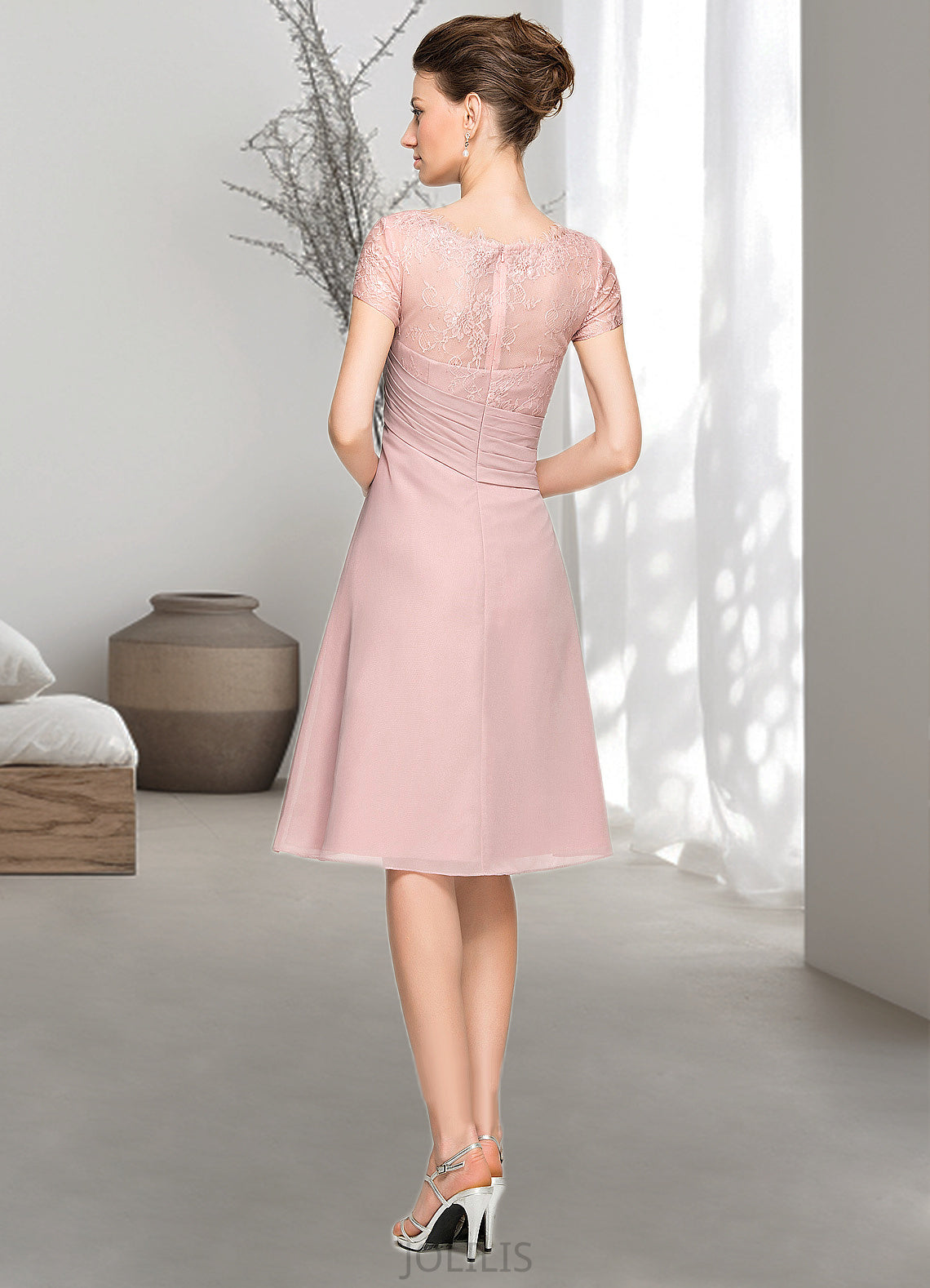 Josephine A-Line Scoop Neck Knee-Length Chiffon Lace Mother of the Bride Dress With Beading Flower(s) Sequins Cascading Ruffles HI126P0014704