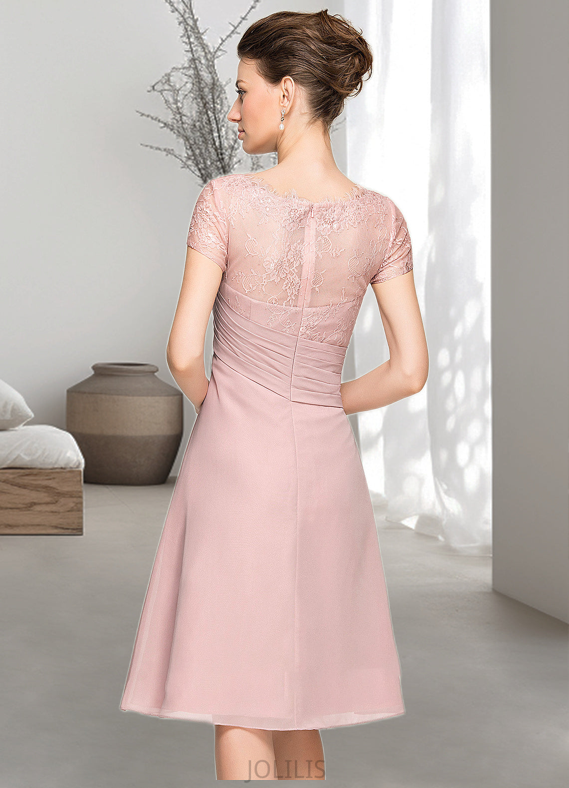 Josephine A-Line Scoop Neck Knee-Length Chiffon Lace Mother of the Bride Dress With Beading Flower(s) Sequins Cascading Ruffles HI126P0014704