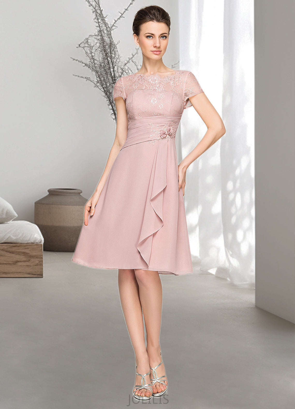 Josephine A-Line Scoop Neck Knee-Length Chiffon Lace Mother of the Bride Dress With Beading Flower(s) Sequins Cascading Ruffles HI126P0014704