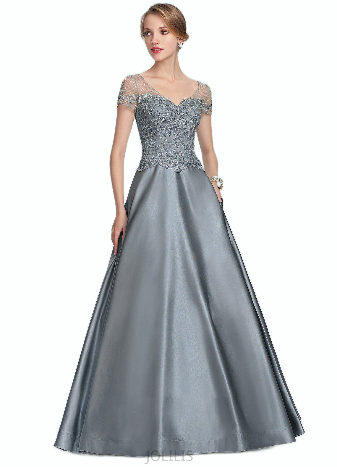 Autumn A-Line V-neck Floor-Length Satin Lace Mother of the Bride Dress With Beading Sequins HI126P0014730