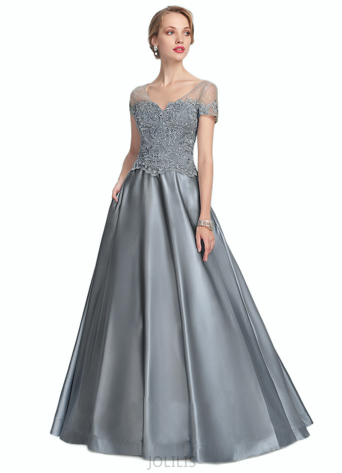 Autumn A-Line V-neck Floor-Length Satin Lace Mother of the Bride Dress With Beading Sequins HI126P0014730