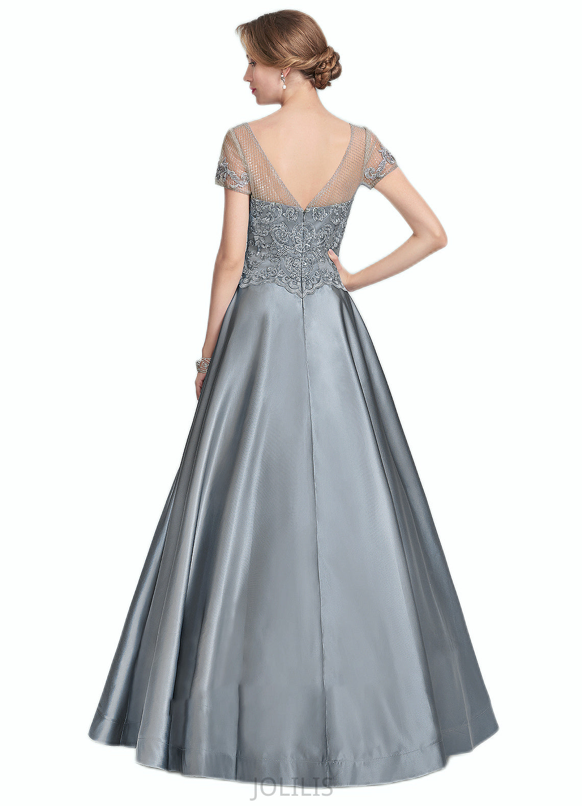 Autumn A-Line V-neck Floor-Length Satin Lace Mother of the Bride Dress With Beading Sequins HI126P0014730