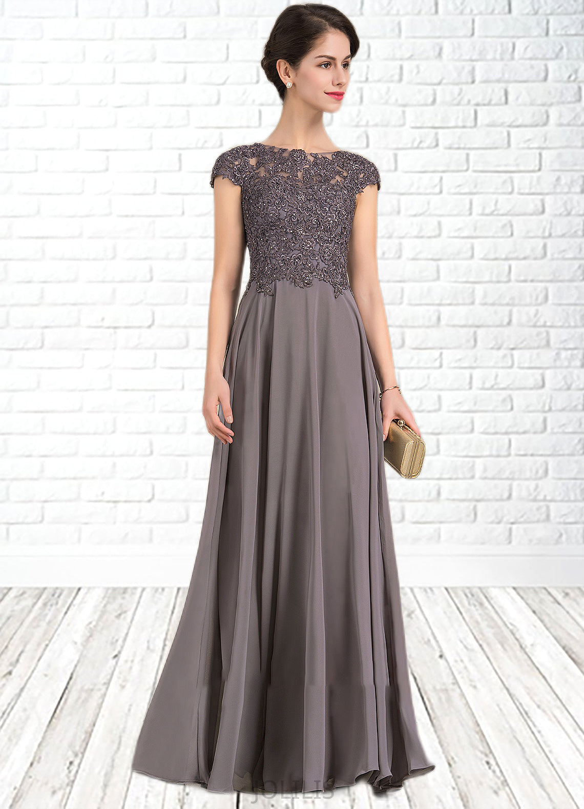 Aimee A-Line Scoop Neck Floor-Length Chiffon Lace Mother of the Bride Dress With Beading HI126P0014761