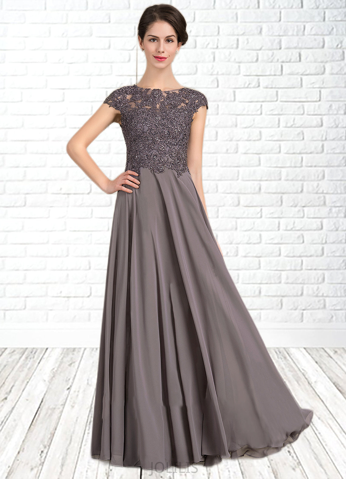 Aimee A-Line Scoop Neck Floor-Length Chiffon Lace Mother of the Bride Dress With Beading HI126P0014761