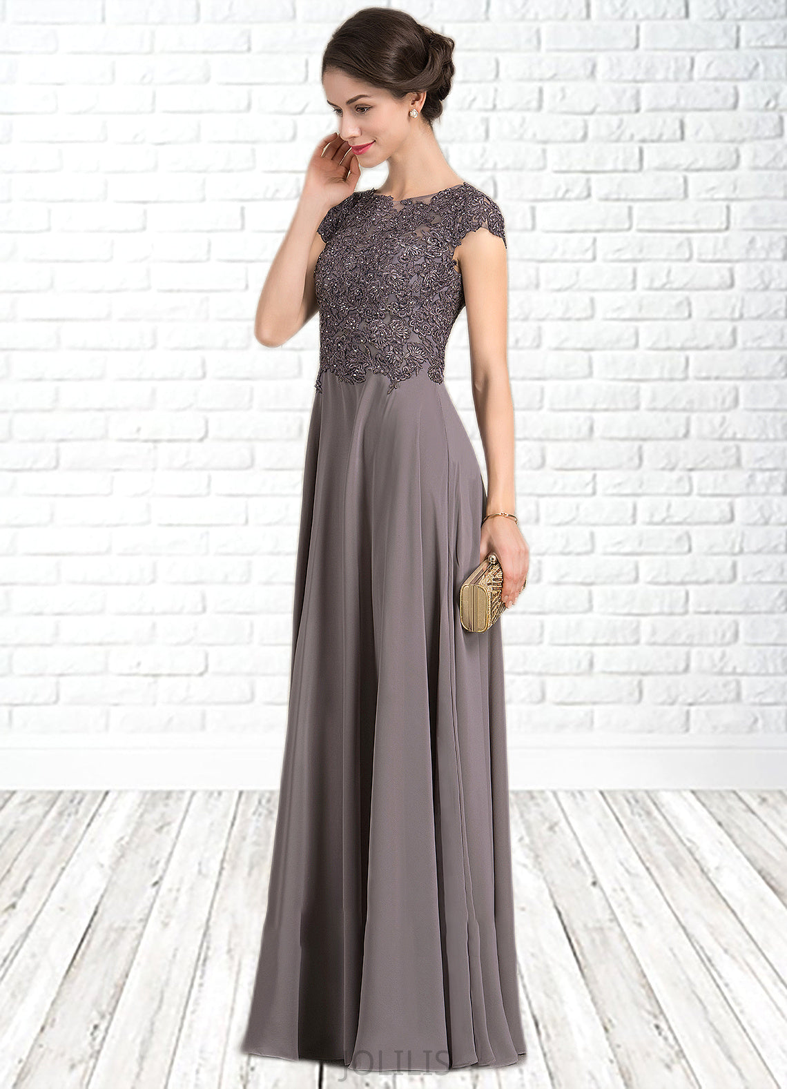 Aimee A-Line Scoop Neck Floor-Length Chiffon Lace Mother of the Bride Dress With Beading HI126P0014761