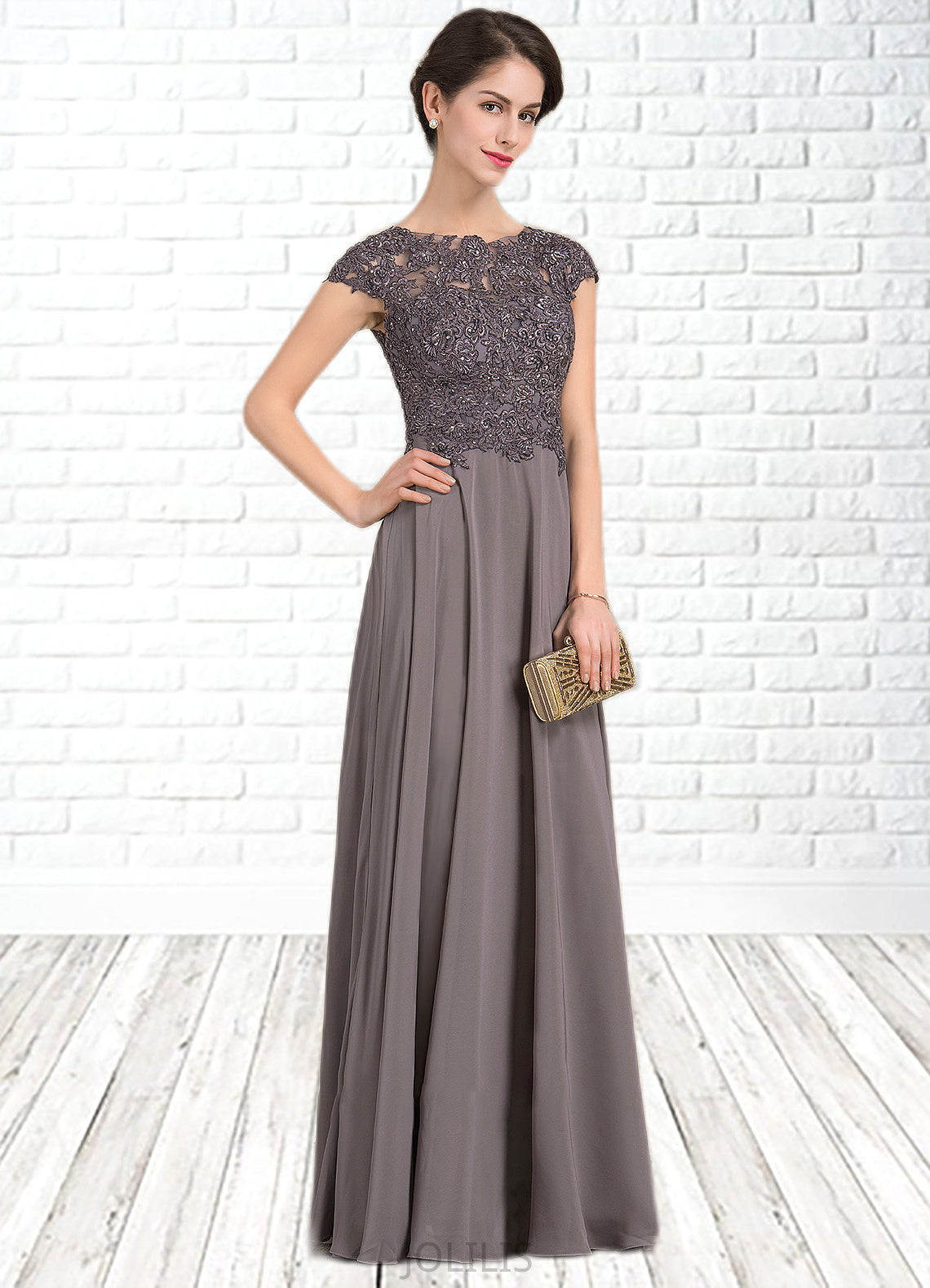 Aimee A-Line Scoop Neck Floor-Length Chiffon Lace Mother of the Bride Dress With Beading HI126P0014761