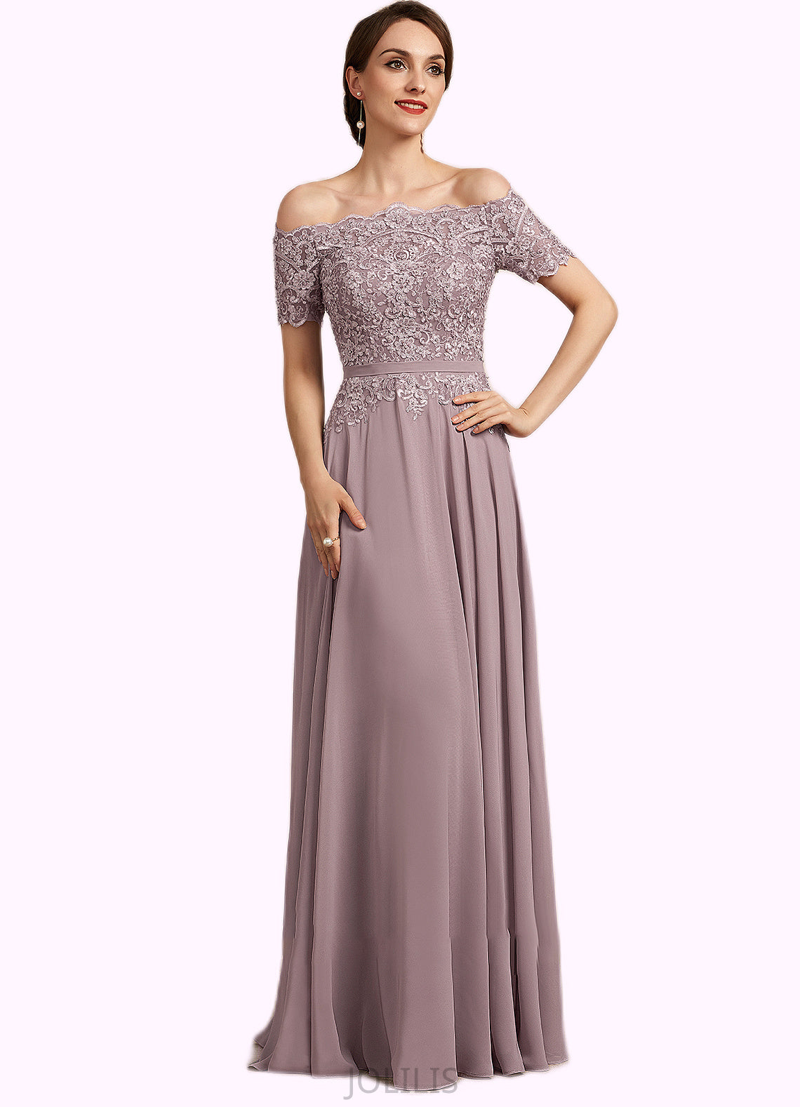 Lily A-Line Off-the-Shoulder Floor-Length Chiffon Lace Mother of the Bride Dress With Beading Sequins HI126P0014785