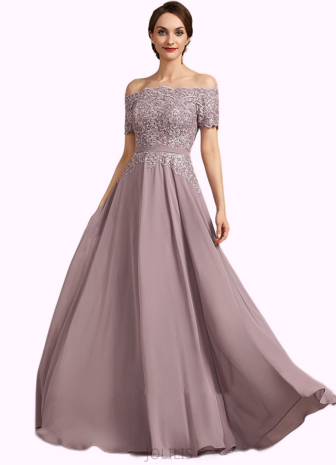 Lily A-Line Off-the-Shoulder Floor-Length Chiffon Lace Mother of the Bride Dress With Beading Sequins HI126P0014785