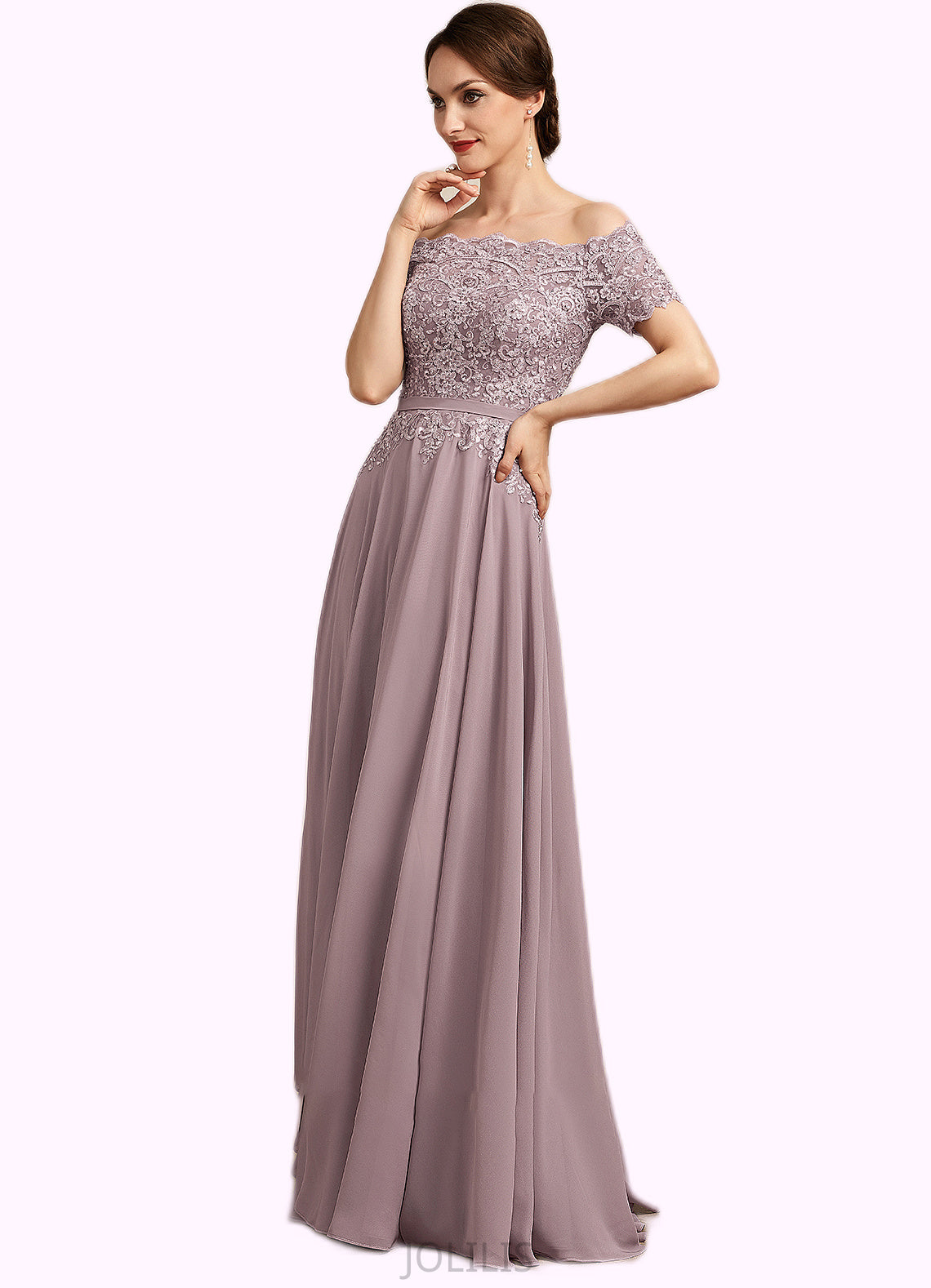 Lily A-Line Off-the-Shoulder Floor-Length Chiffon Lace Mother of the Bride Dress With Beading Sequins HI126P0014785