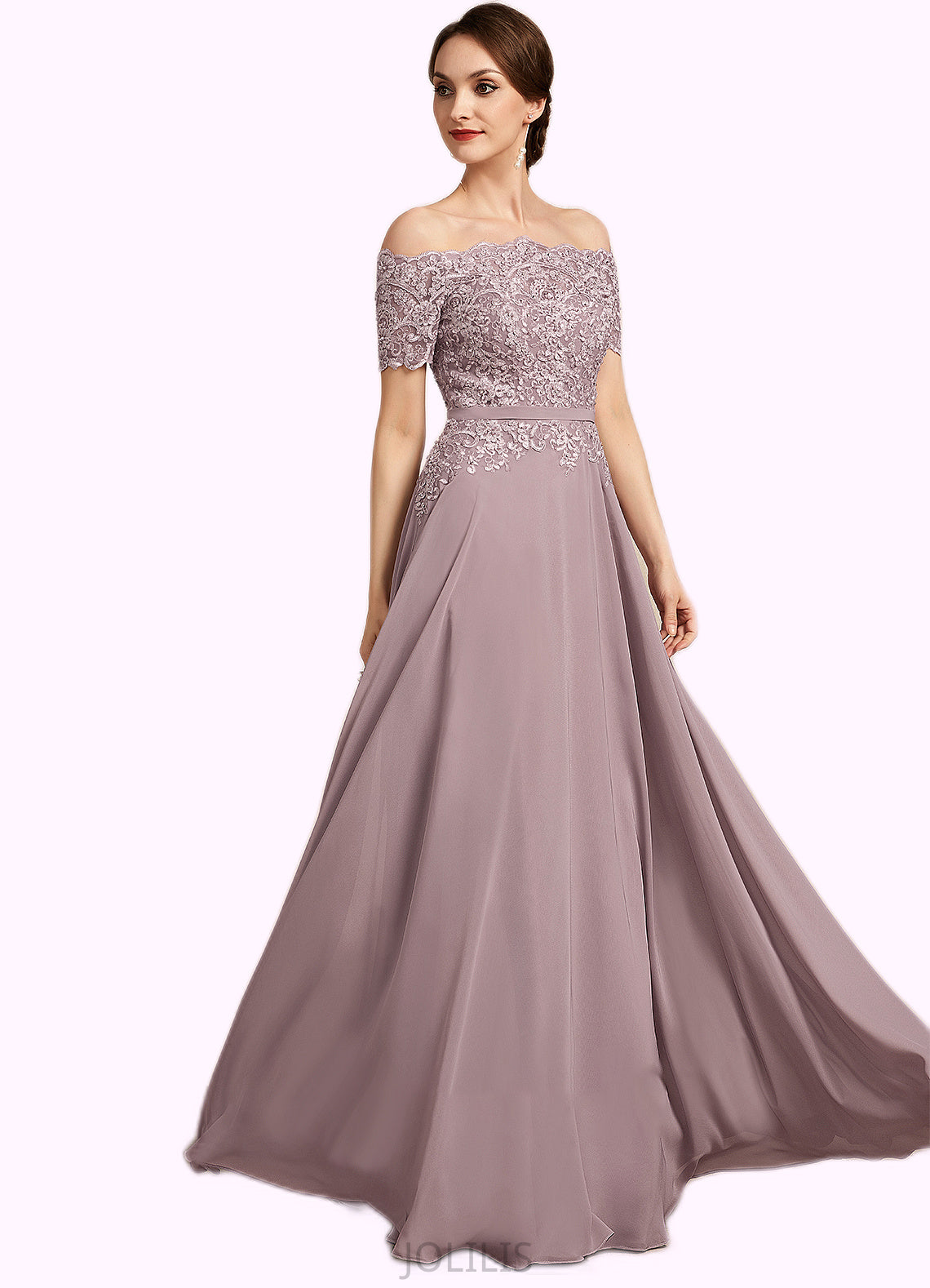 Lily A-Line Off-the-Shoulder Floor-Length Chiffon Lace Mother of the Bride Dress With Beading Sequins HI126P0014785