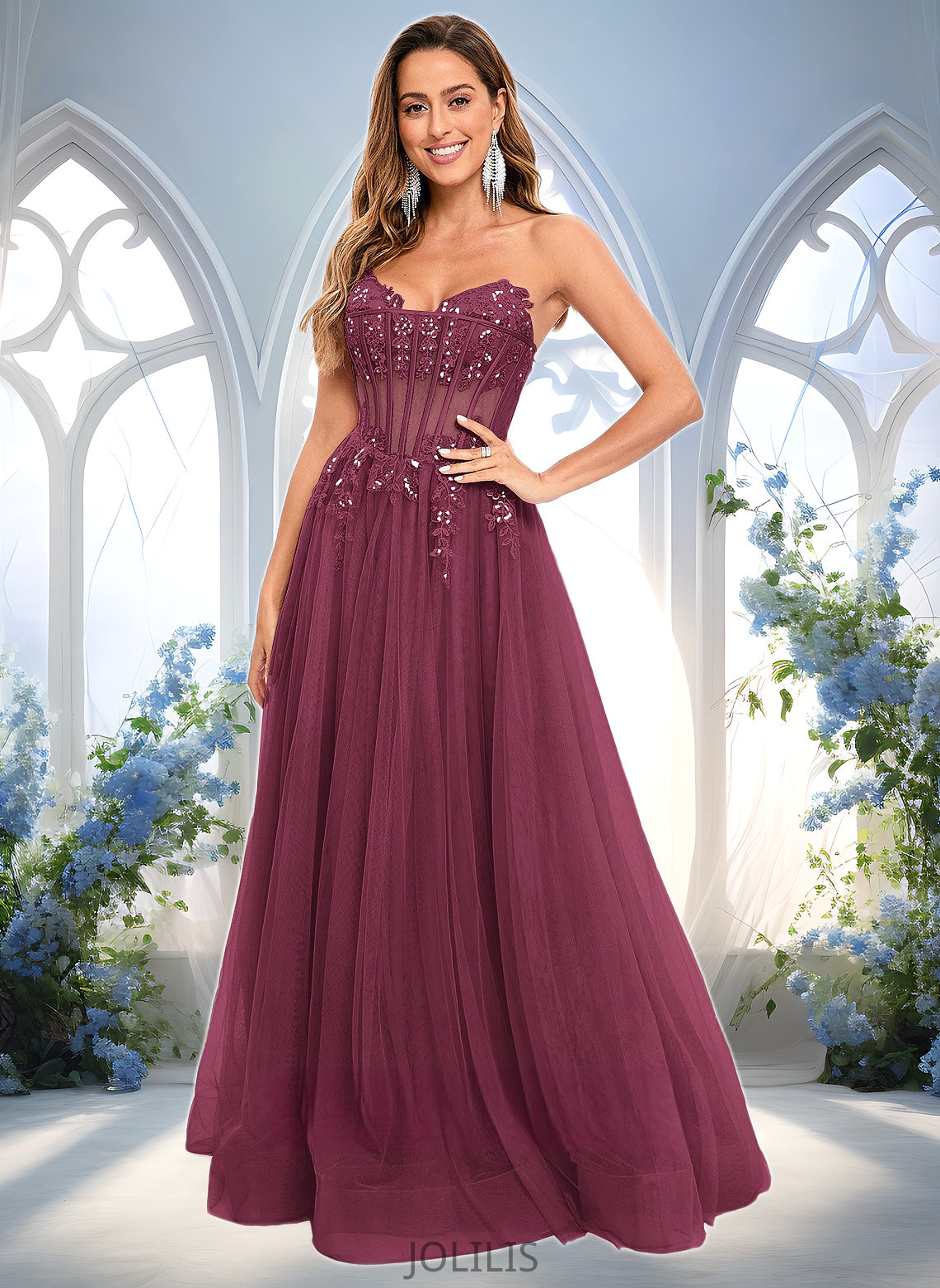 Melissa Ball-Gown/Princess V-Neck Floor-Length Tulle Prom Dresses With Sequins Appliques Lace HIP0025837