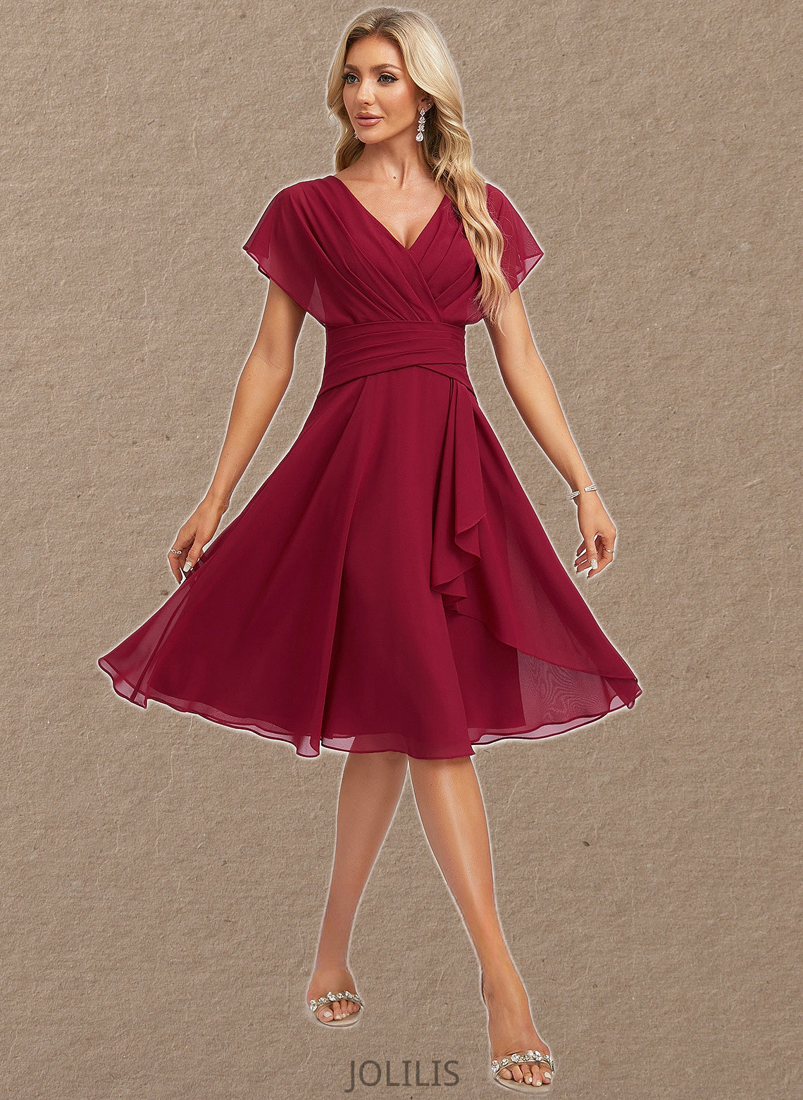 Lilly A-line V-Neck Knee-Length Chiffon Homecoming Dress With Ruffle HIP0025716