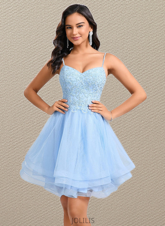 Sadie A-line V-Neck Short Lace Tulle Homecoming Dress With Rhinestone Sequins HIP0025658