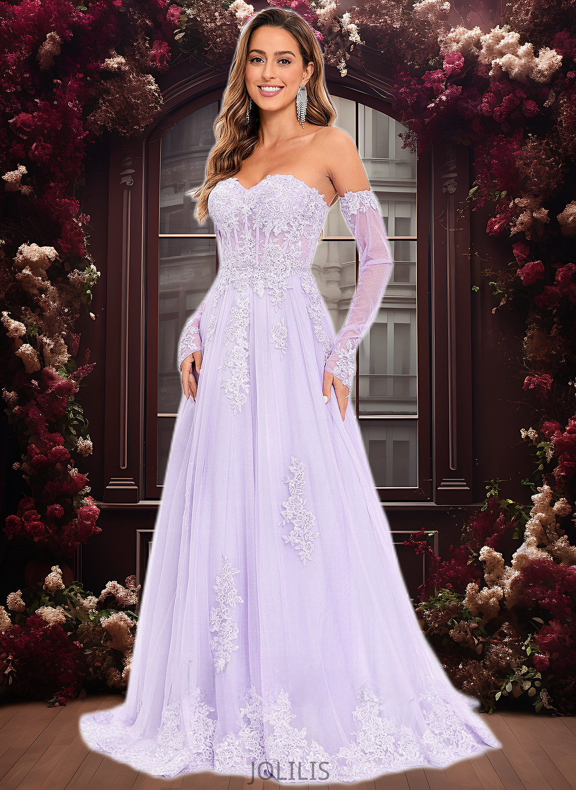 Nydia A-line Sweetheart Sweep Train Tulle Prom Dresses With Sequins Appliques Lace HIP0025856