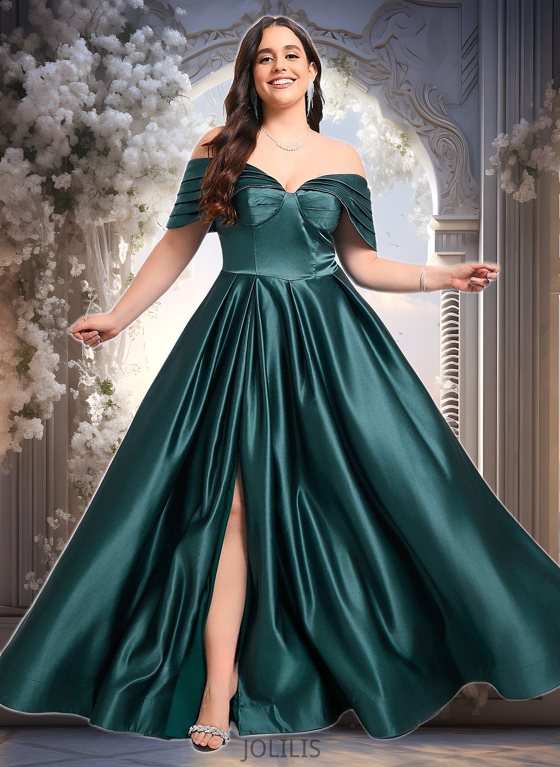 Reese A-line Off the Shoulder Floor-Length Satin Prom Dresses With Pleated HIP0025851