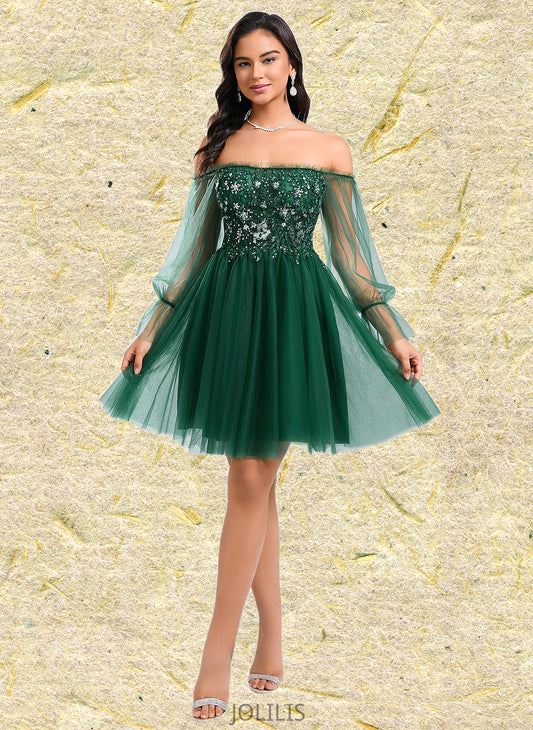 Briana A-line Off the Shoulder Short Tulle Homecoming Dress With Sequins Appliques Lace HIP0025663