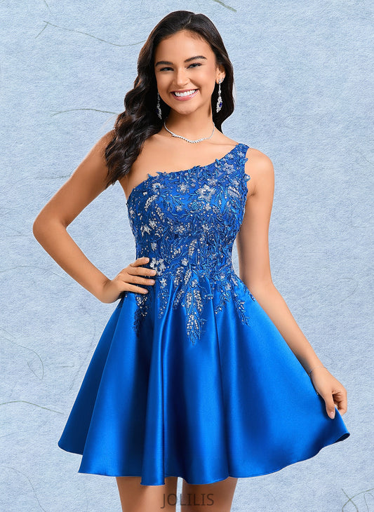 Dixie A-line One Shoulder Short Satin Homecoming Dress With Appliques Lace Sequins HIP0025657