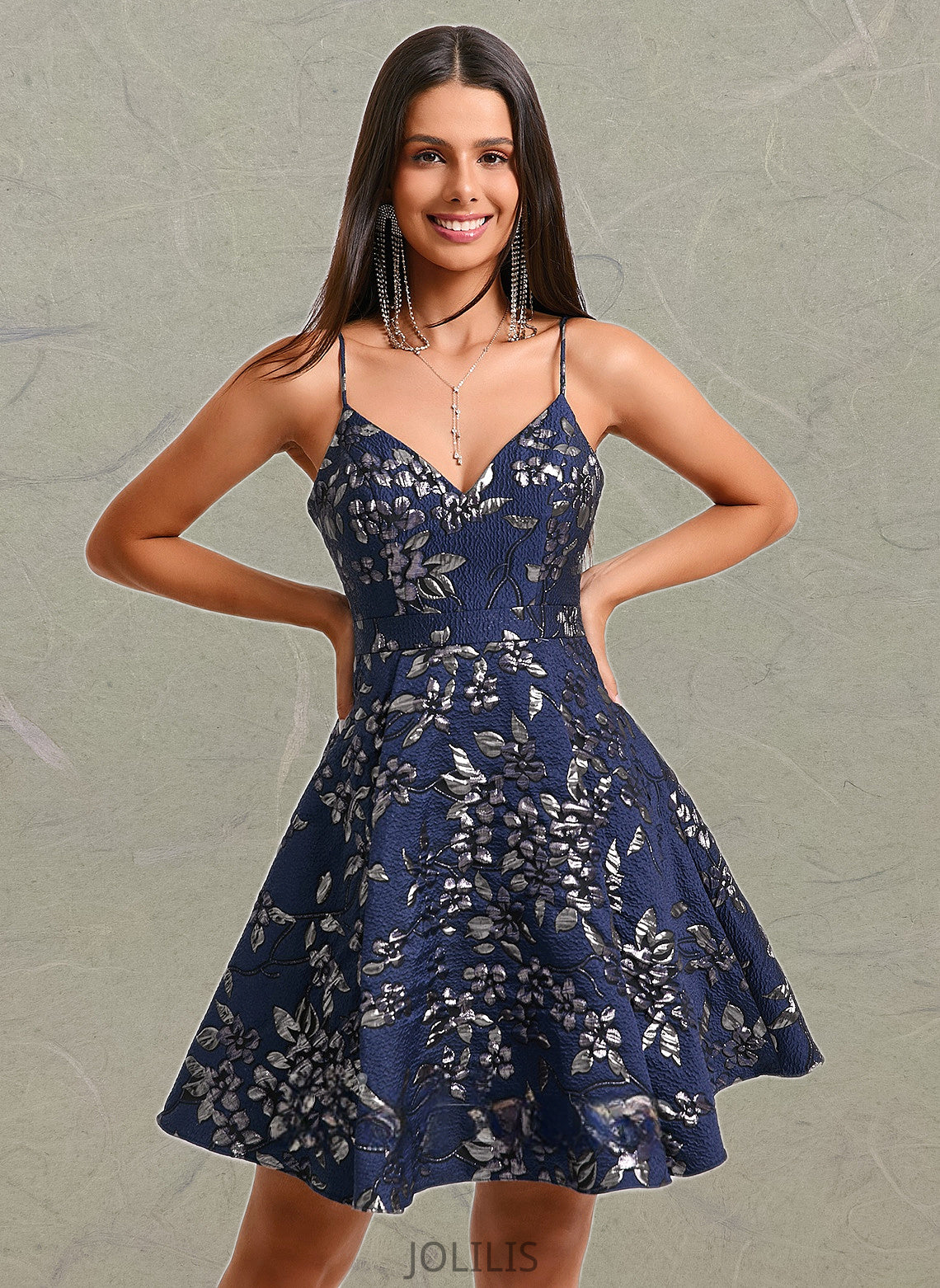 Crystal A-line V-Neck Short Jacquard Homecoming Dress HIP0025701