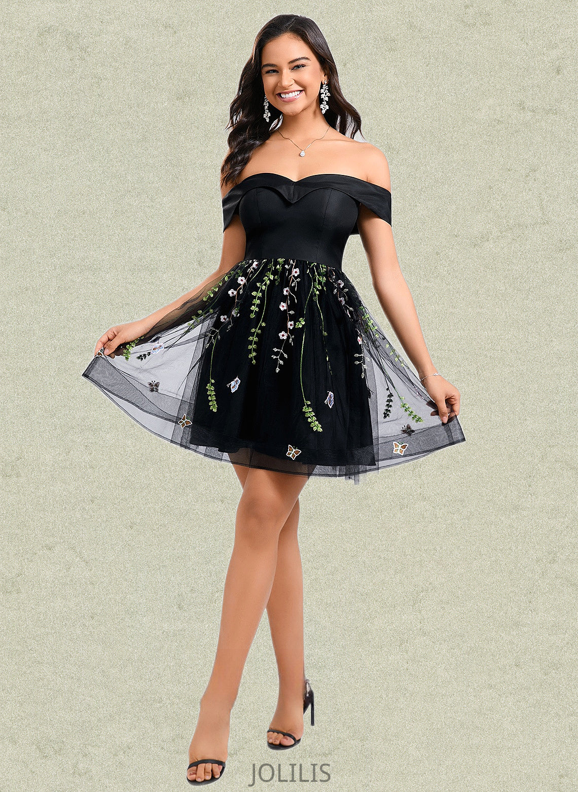 Cara A-line Off the Shoulder Short Tulle Lace Homecoming Dress With Embroidered HIP0025720