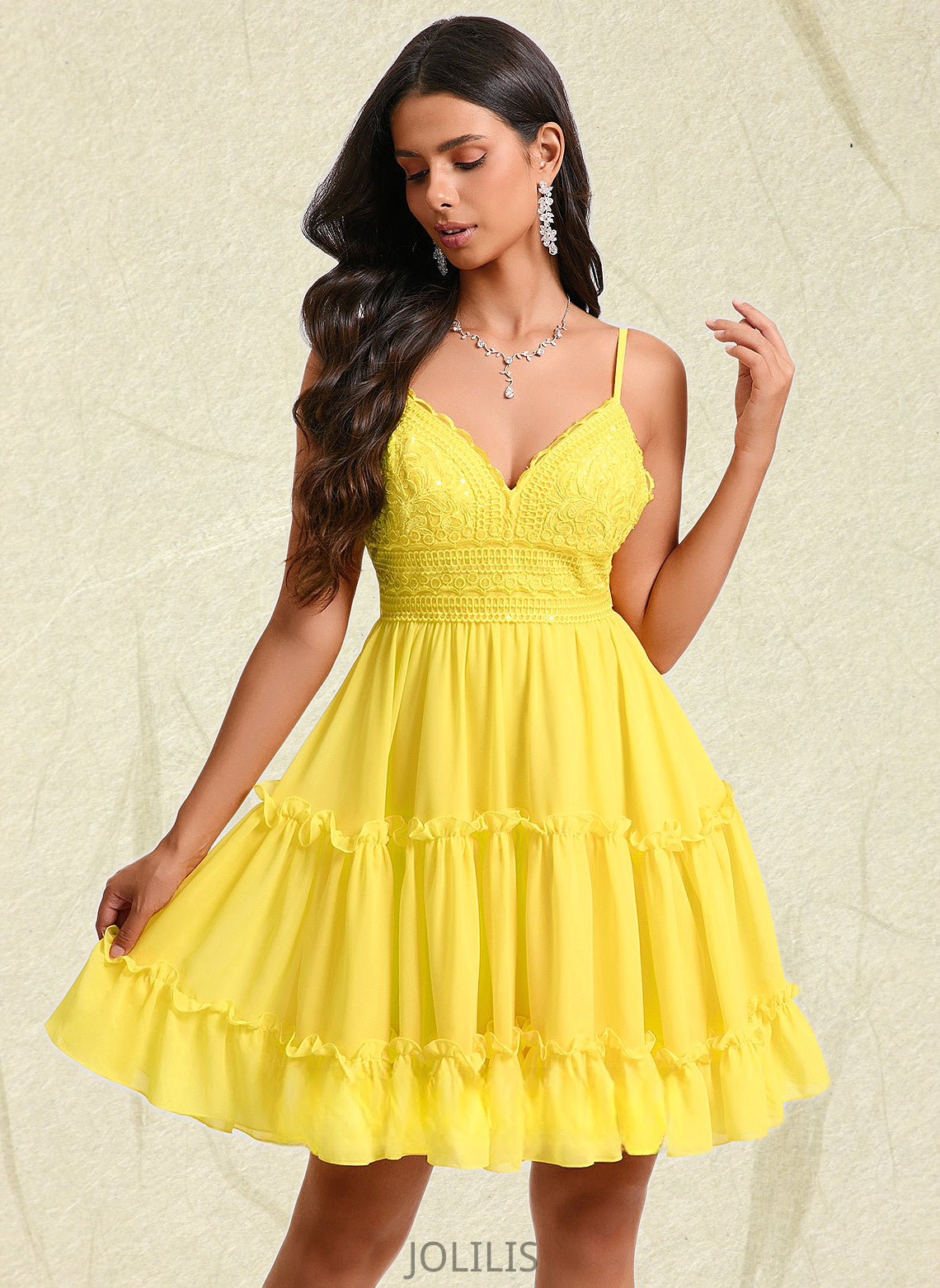 Alisson A-line V-Neck Short Chiffon Homecoming Dress With Ruffle Sequins HIP0025700