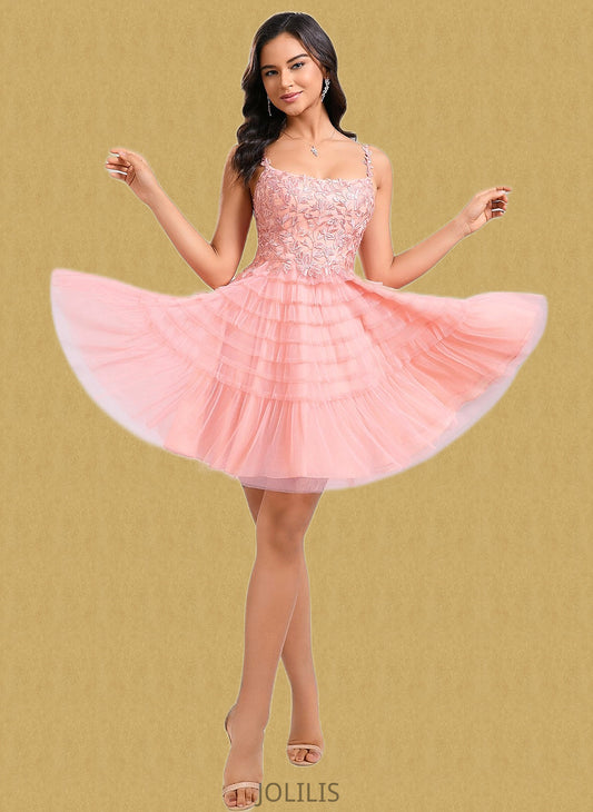 Lucille Ball-Gown/Princess Scoop Short Tulle Lace Homecoming Dress With Ruffle HIP0025676