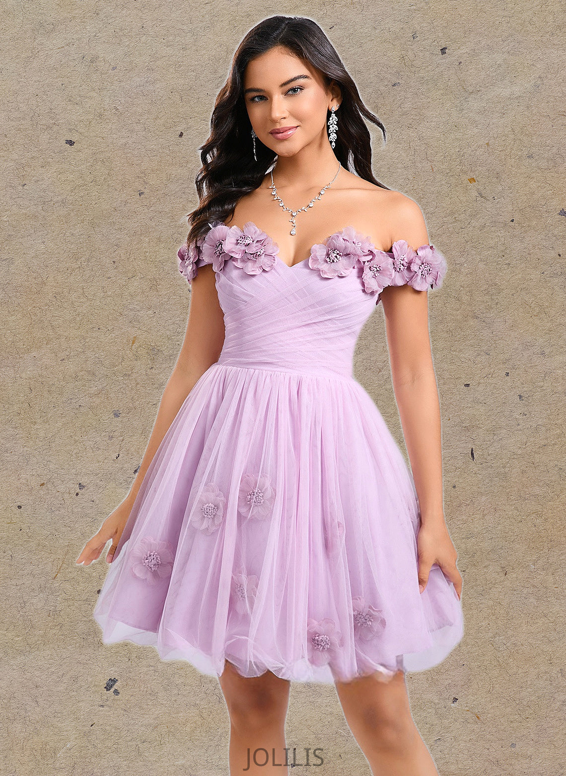 Nayeli Ball-Gown/Princess Off the Shoulder Short Tulle Homecoming Dress With Pleated Flower HIP0025668