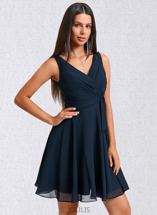 Izabelle A-line V-Neck Short Chiffon Homecoming Dress With Pleated HIP0025644