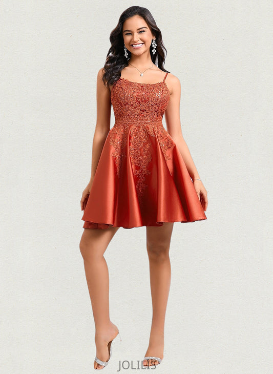 Terri A-line Scoop Short Satin Lace Homecoming Dress With Sequins HIP0025683