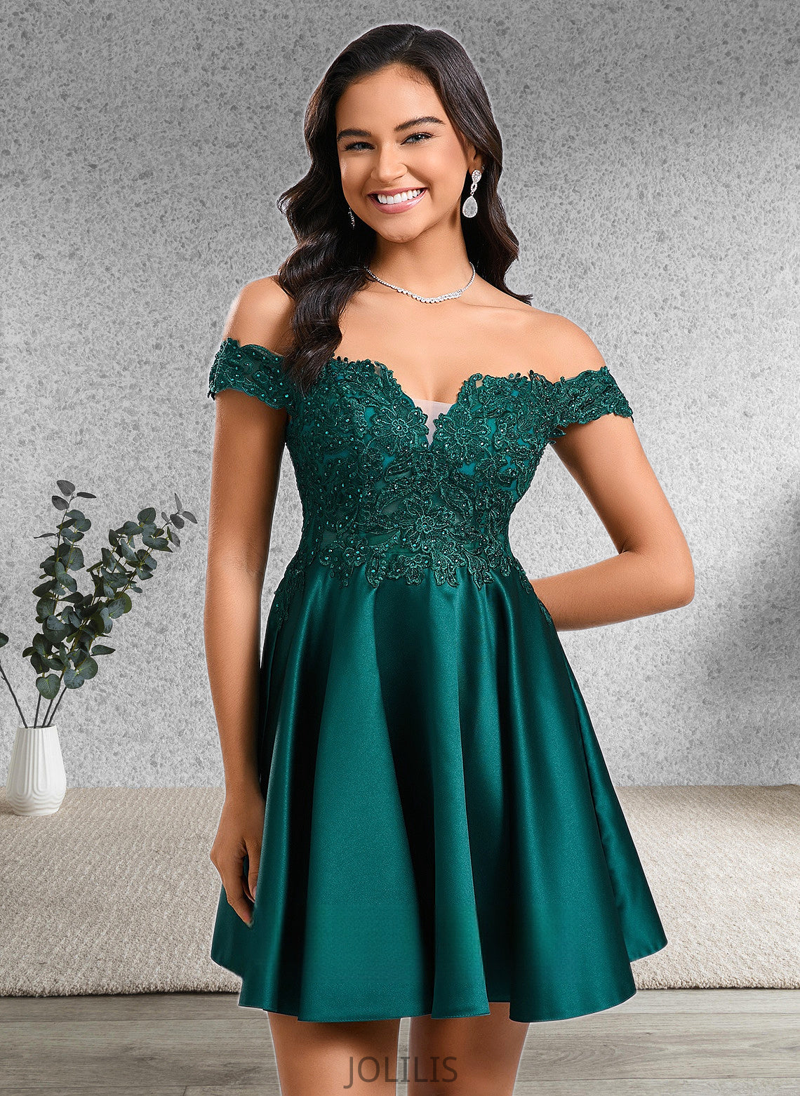 Jean A-line Off the Shoulder Short Lace Satin Homecoming Dress With Rhinestone HIP0025718