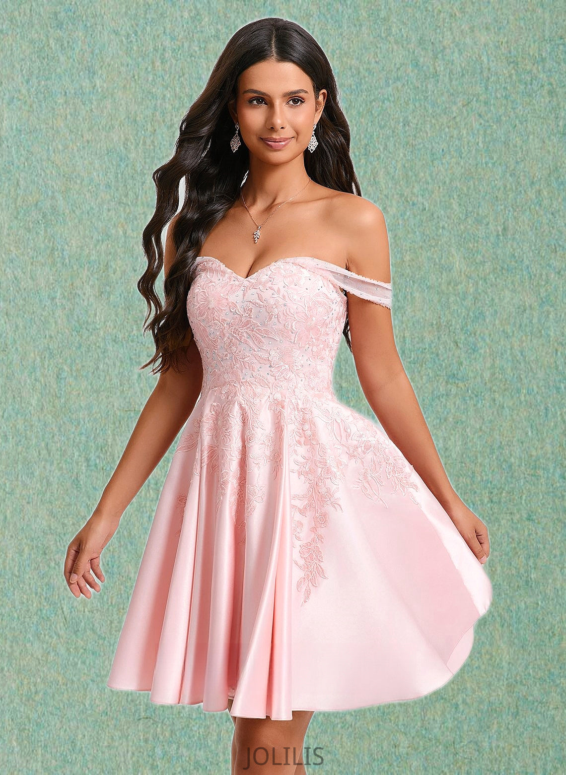 April A-line Off the Shoulder Short Satin Homecoming Dress With Rhinestone Beading Appliques Lace HIP0025679