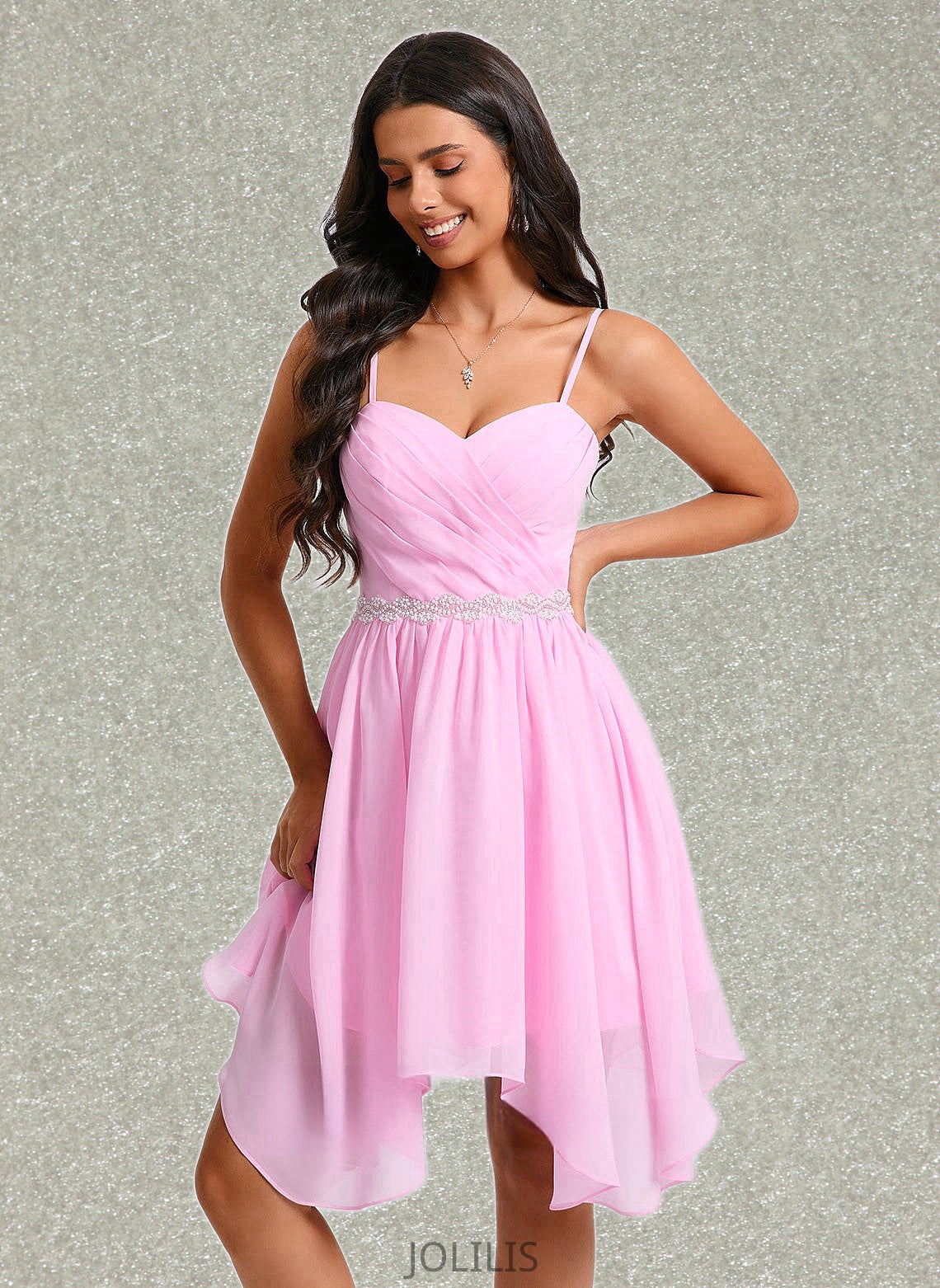 Macey A-line Sweetheart Asymmetrical Chiffon Homecoming Dress With Beading HIP0025690