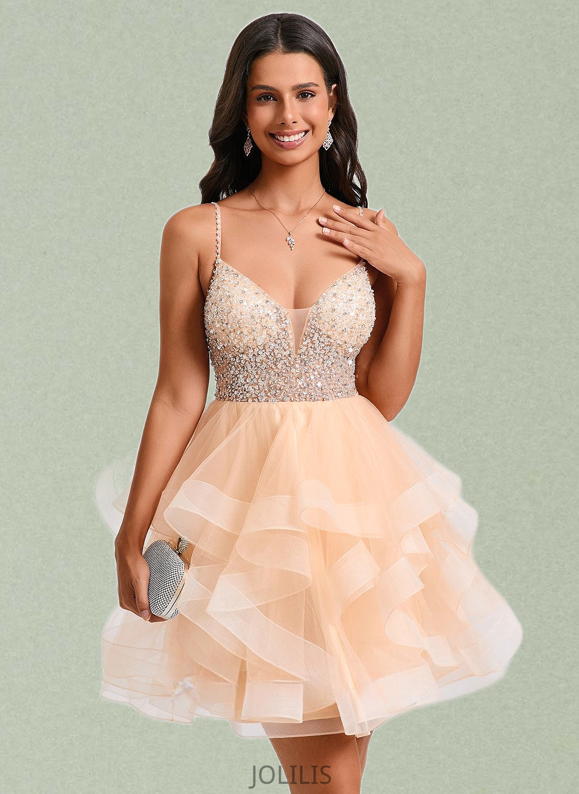 Raven Ball-Gown/Princess V-Neck Short Tulle Homecoming Dress With Beading Sequins HIP0025646