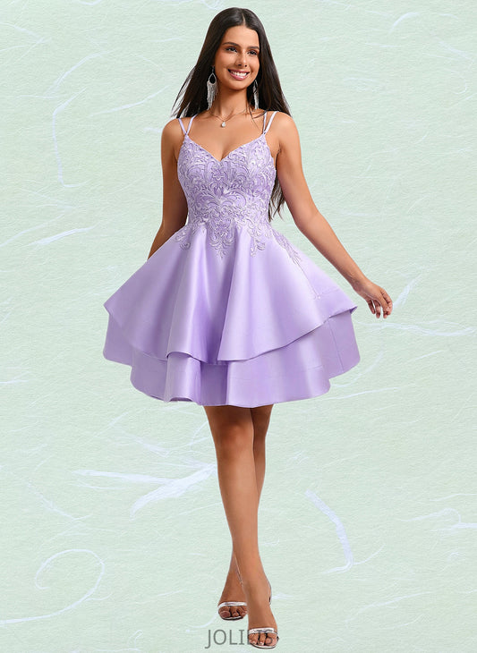 Azul A-line V-Neck Short Satin Homecoming Dress With Appliques Lace HIP0025692