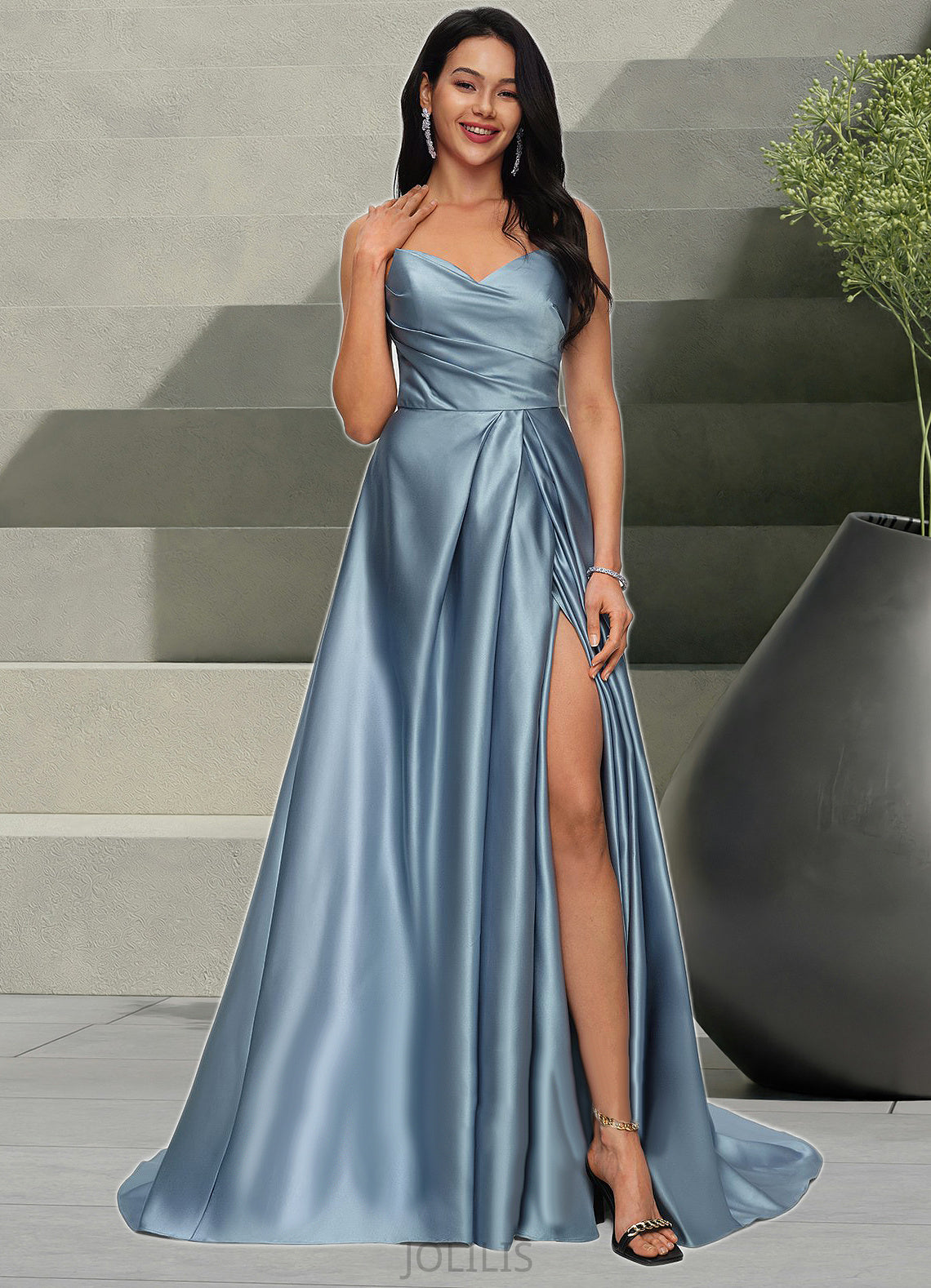 Isis Ball-Gown/Princess V-Neck Sweep Train Satin Prom Dresses HIP0022191