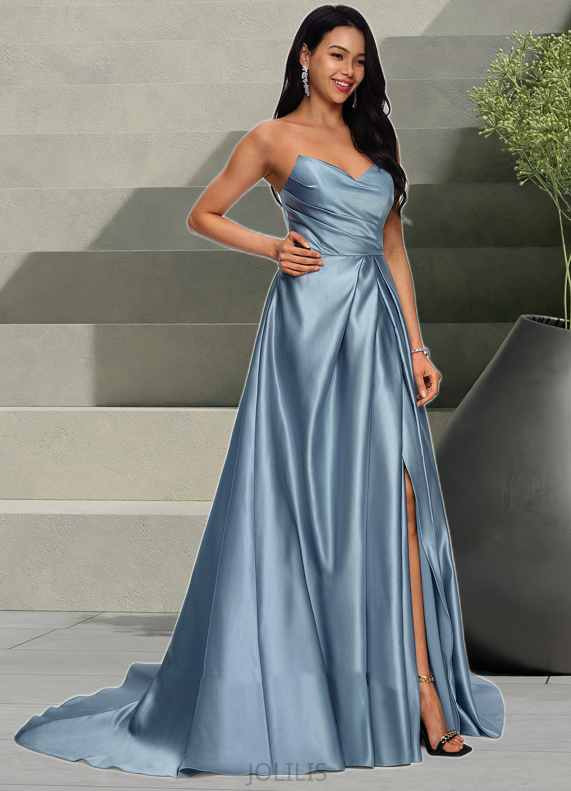 Isis Ball-Gown/Princess V-Neck Sweep Train Satin Prom Dresses HIP0022191