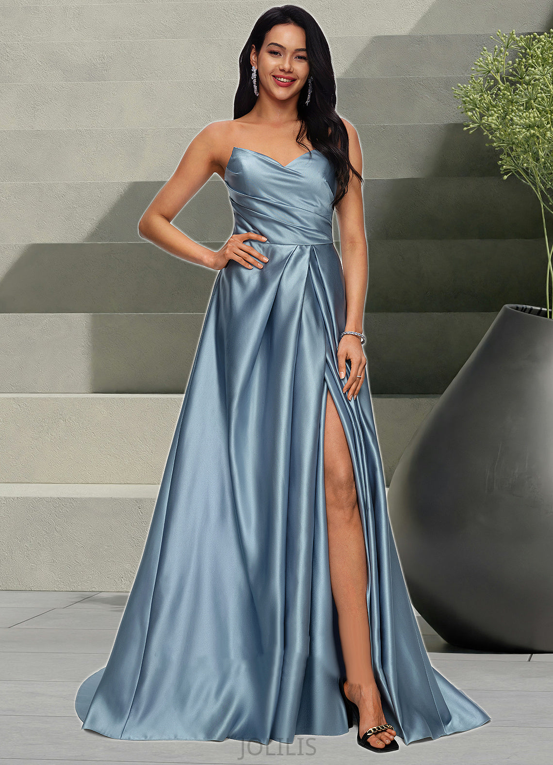 Isis Ball-Gown/Princess V-Neck Sweep Train Satin Prom Dresses HIP0022191