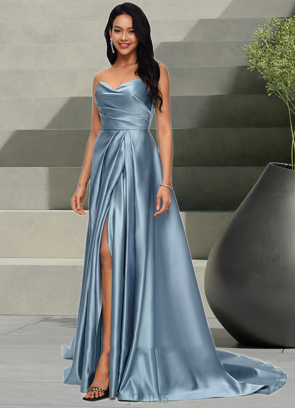 Isis Ball-Gown/Princess V-Neck Sweep Train Satin Prom Dresses HIP0022191