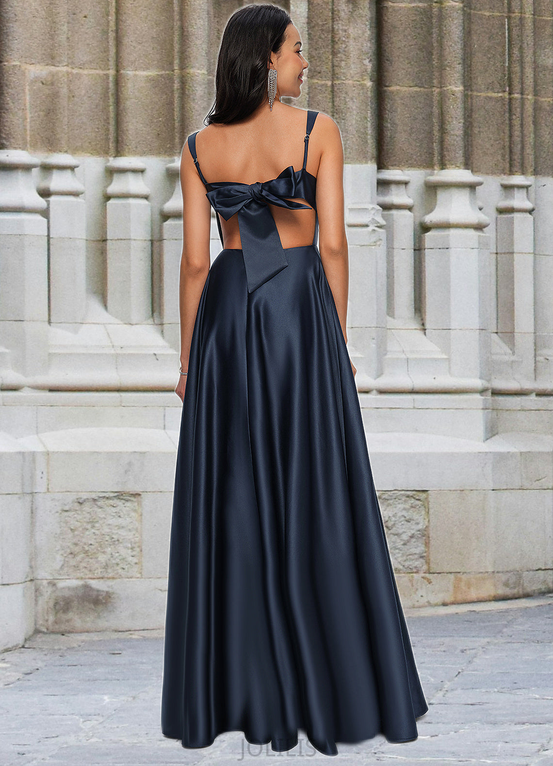 Rosalyn A-line Straight Floor-Length Satin Prom Dresses With Bow HIP0022195