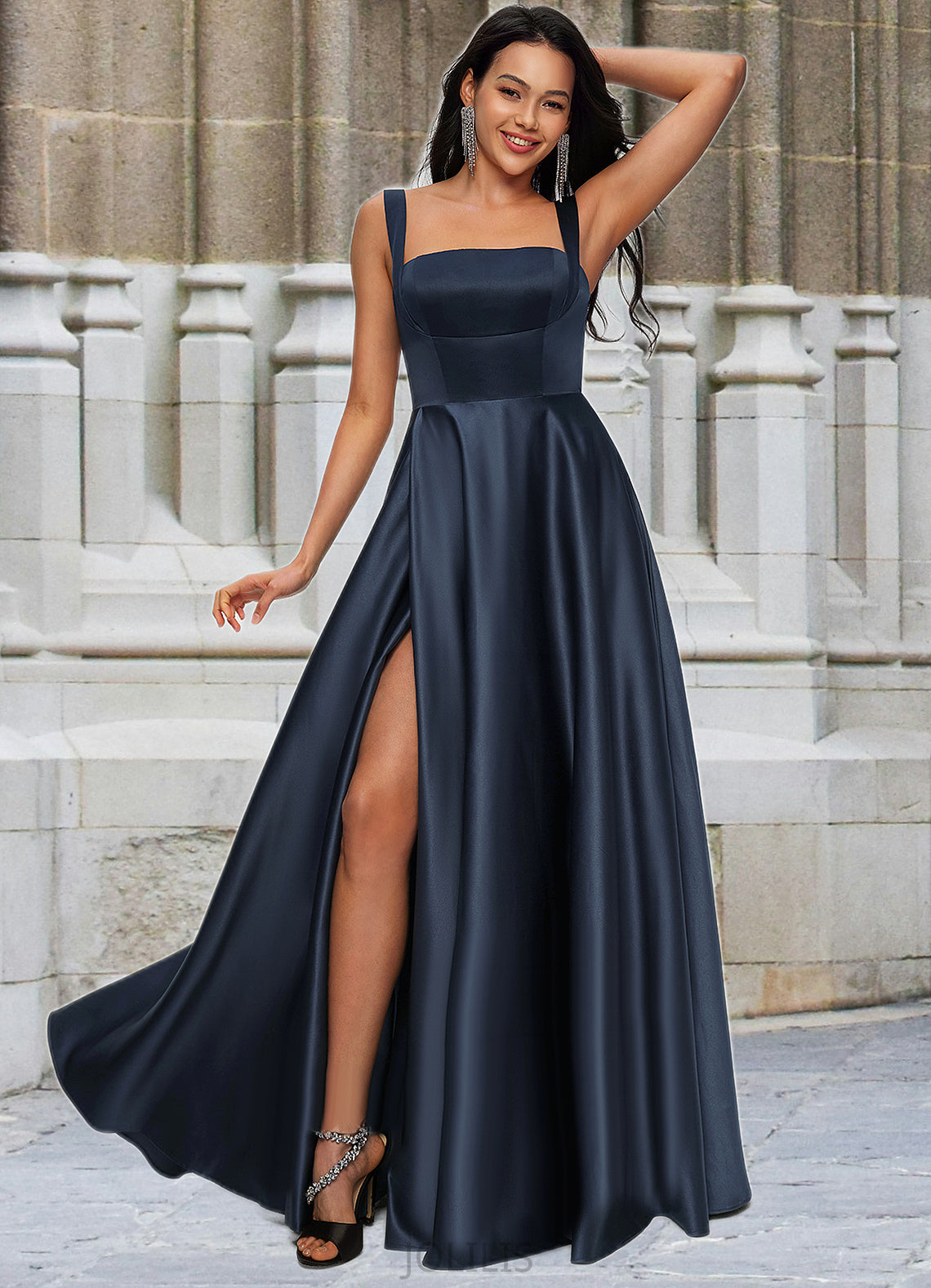 Rosalyn A-line Straight Floor-Length Satin Prom Dresses With Bow HIP0022195