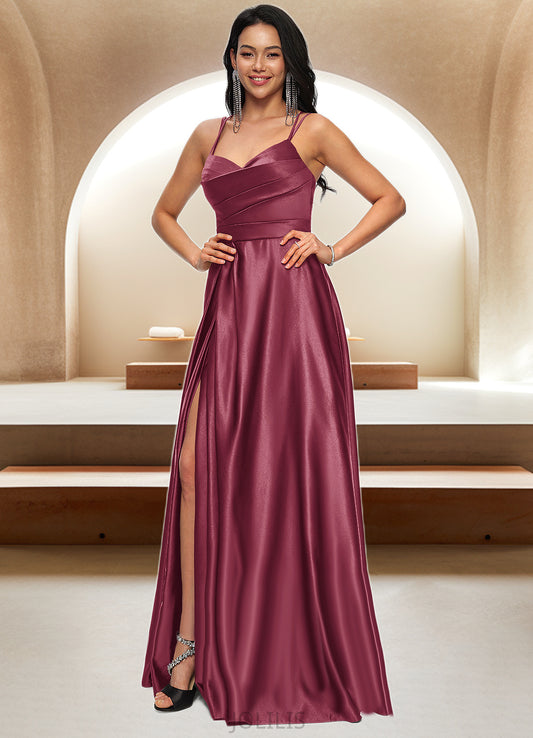 Yvonne A-line V-Neck Floor-Length Satin Prom Dresses HIP0022197