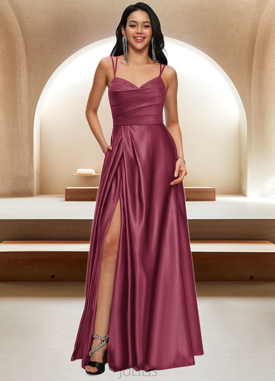 Yvonne A-line V-Neck Floor-Length Satin Prom Dresses HIP0022197