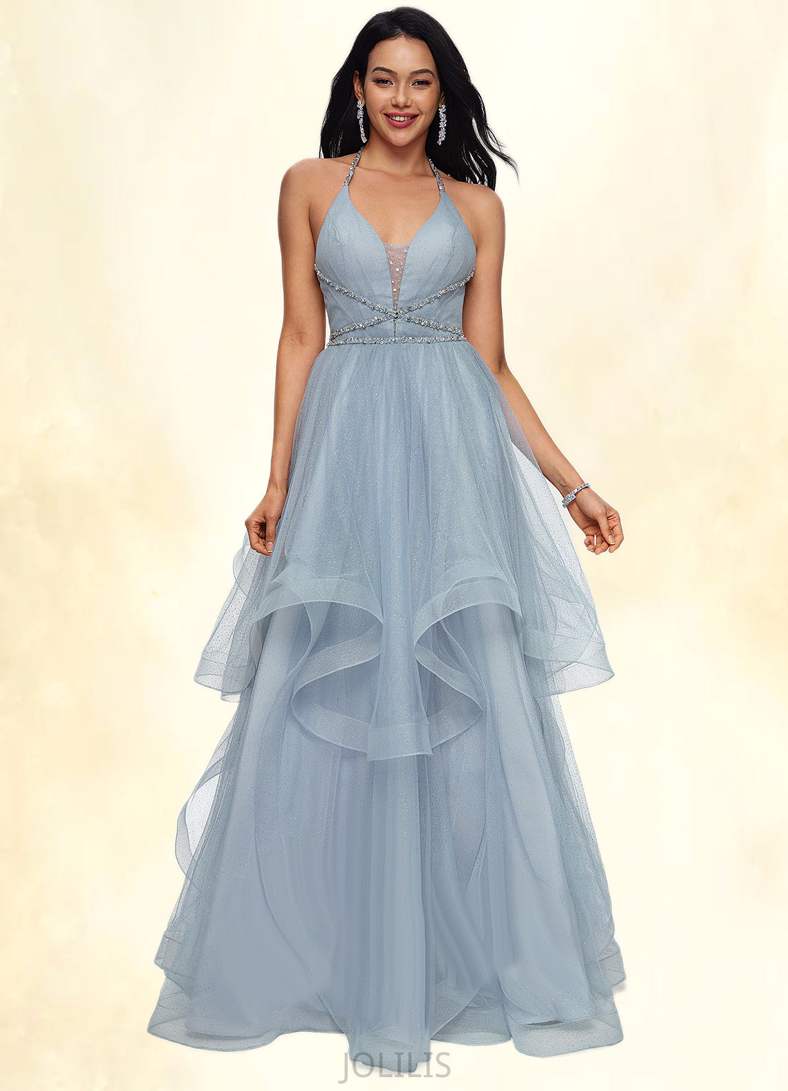 Ashleigh Ball-Gown/Princess Halter V-Neck Floor-Length Tulle Prom Dresses With Beading Rhinestone Sequins HIP0022199